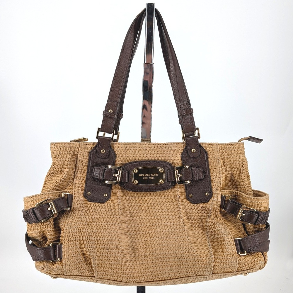 Michael Kors Gansevoort Woven Straw Tote Bag Leather Trim Gold Buckle Tan Brown